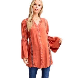 Orange Button Up V Neck Bell Sleeve Long Tunic Top M NWT